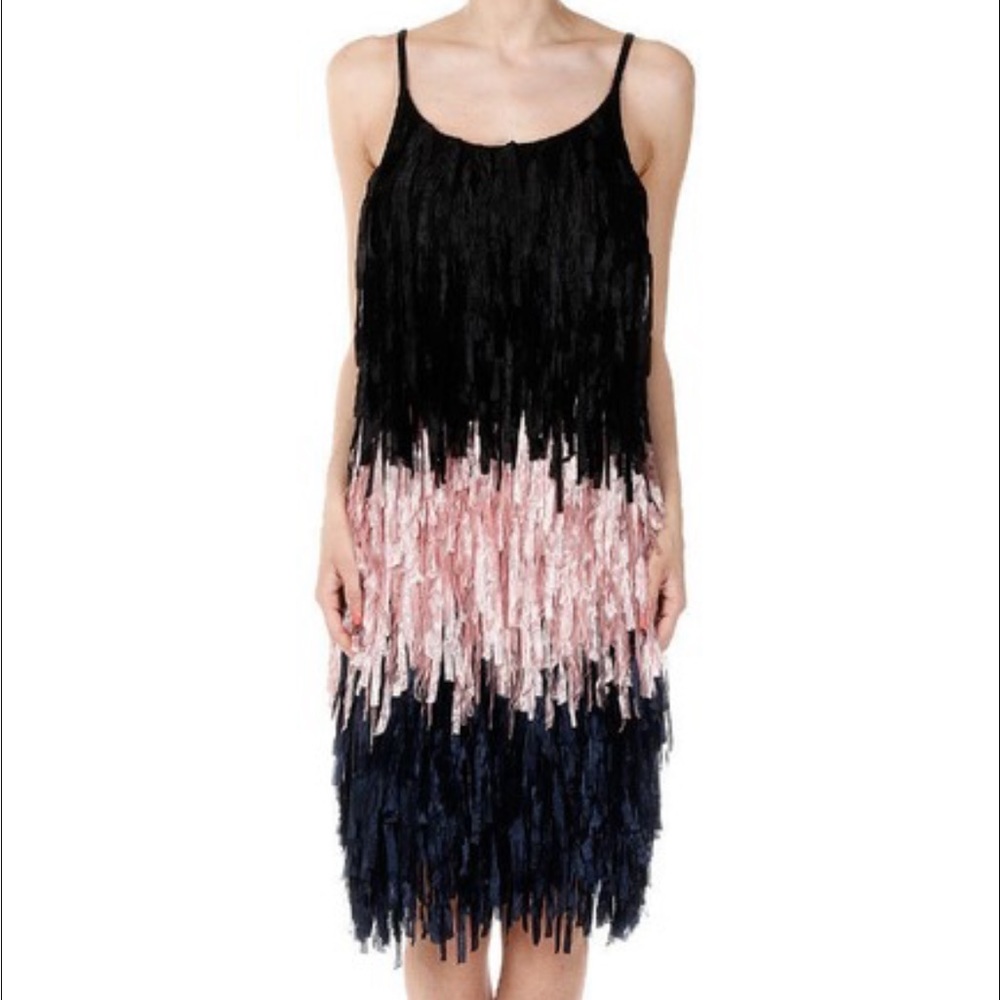 Dries Van Noten Ribbon Fringe Dress - black pink and navy blue ss2015
